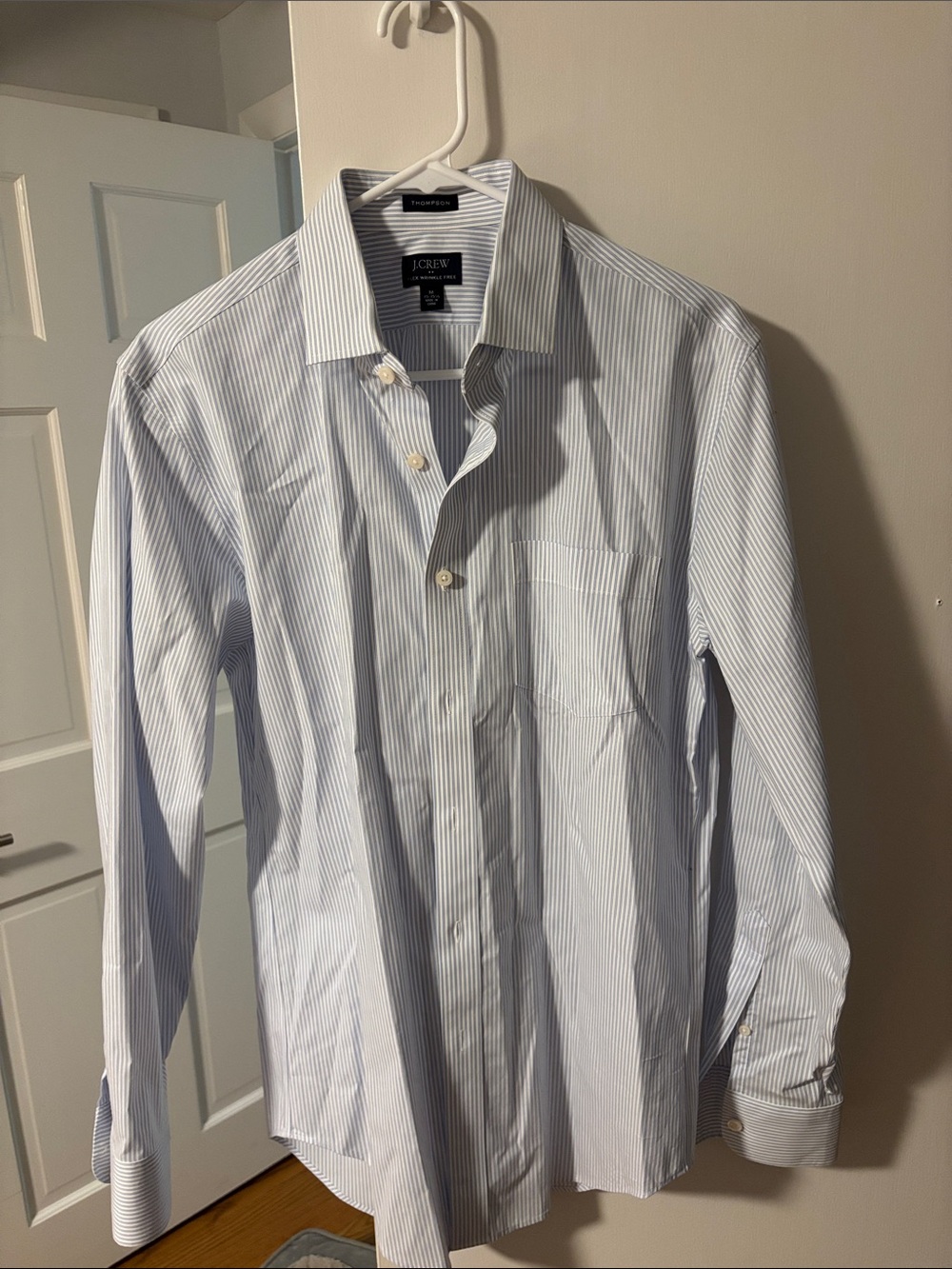 J. Crew Men’s White Shirt with Light Blue Pinstripes